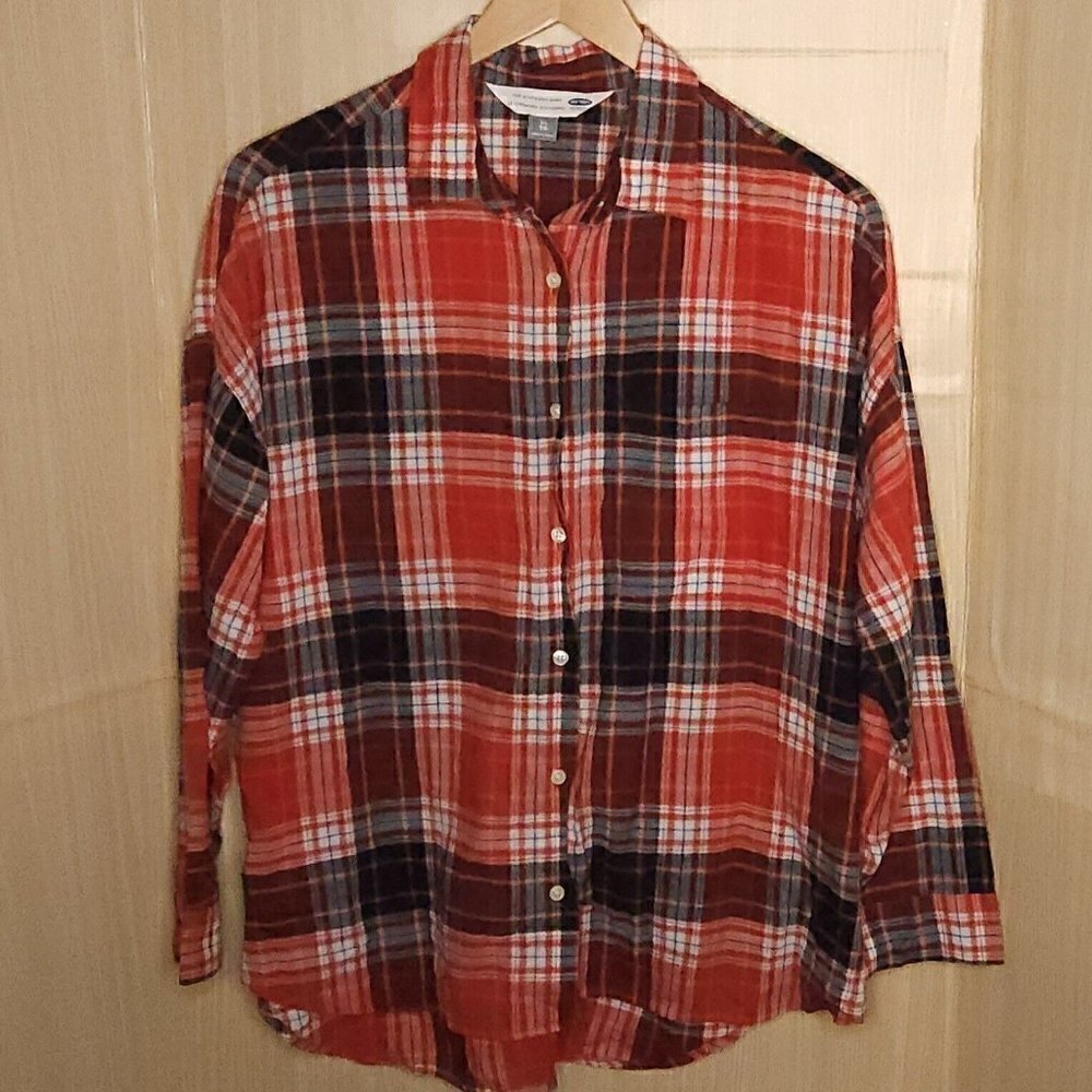 Old Navy Boyfriend Red White Blue Cotton Button Down XL